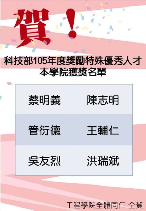 賀科技部105年獎勵特殊優秀人才本學院獲獎名單圖片