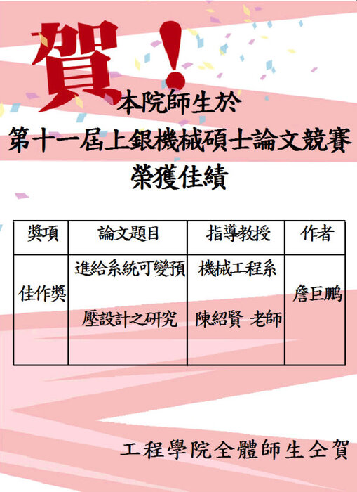 賀本院師生於第十一屆上銀機械碩士論文競賽榮獲佳績圖片